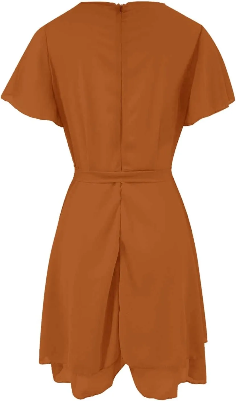 Women Dress V Neck Short Sleeve Waist Tie Ruffle Mini Swing Skater Dresses Summer Dressed