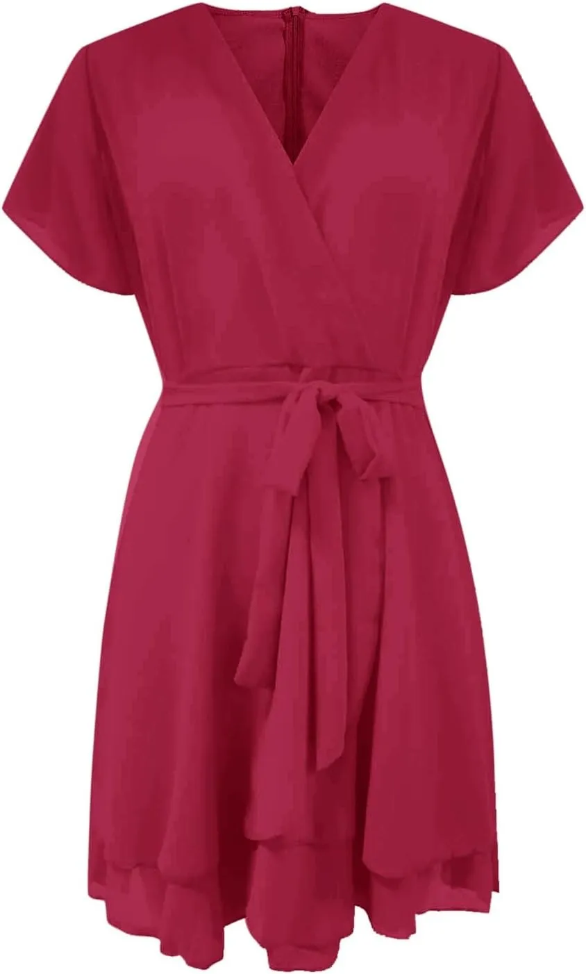 Women Dress V Neck Short Sleeve Waist Tie Ruffle Mini Swing Skater Dresses Summer Dressed