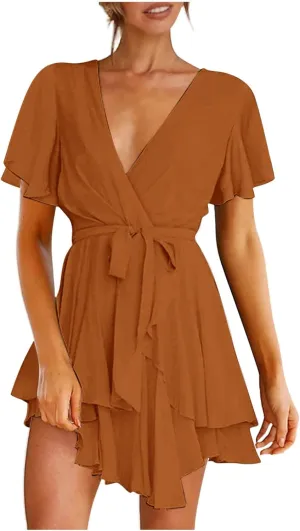 Women Dress V Neck Short Sleeve Waist Tie Ruffle Mini Swing Skater Dresses Summer Dressed