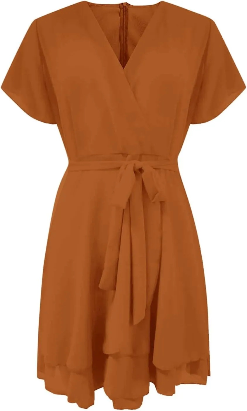 Women Dress V Neck Short Sleeve Waist Tie Ruffle Mini Swing Skater Dresses Summer Dressed