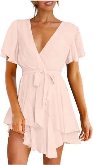 Women Dress V Neck Short Sleeve Waist Tie Ruffle Mini Swing Skater Dresses Summer Dressed