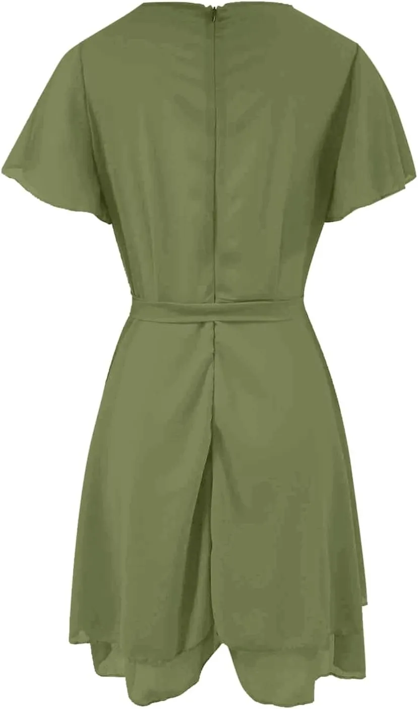 Women Dress V Neck Short Sleeve Waist Tie Ruffle Mini Swing Skater Dresses Summer Dressed