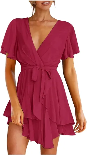 Women Dress V Neck Short Sleeve Waist Tie Ruffle Mini Swing Skater Dresses Summer Dressed