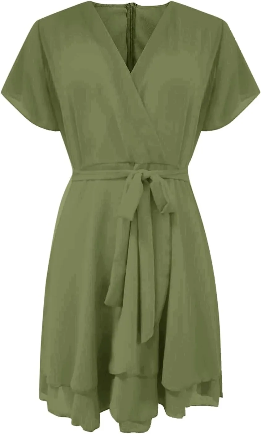 Women Dress V Neck Short Sleeve Waist Tie Ruffle Mini Swing Skater Dresses Summer Dressed