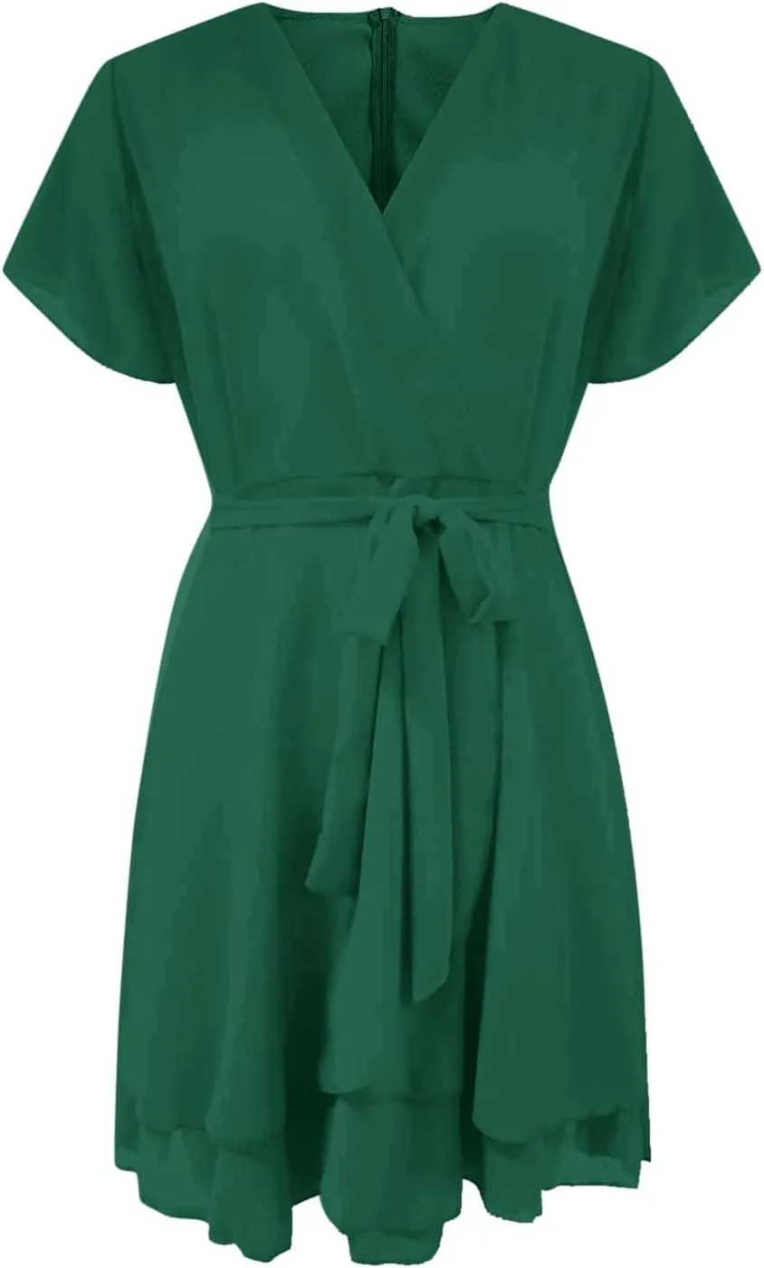 Women Dress V Neck Short Sleeve Waist Tie Ruffle Mini Swing Skater Dresses Summer Dressed