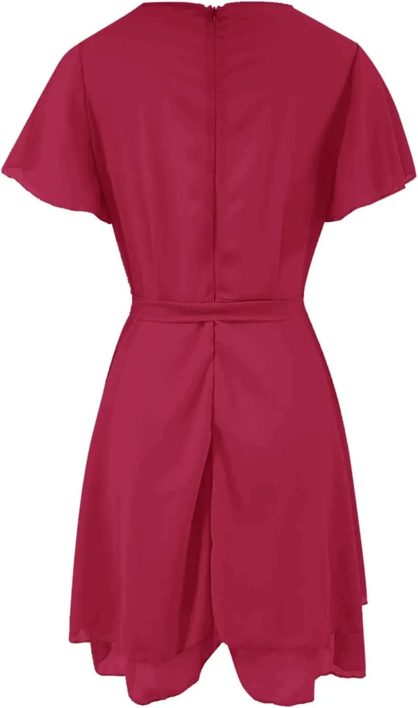 Women Dress V Neck Short Sleeve Waist Tie Ruffle Mini Swing Skater Dresses Summer Dressed