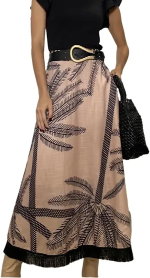 Women Floral Midi Skirt Linen Aline Tassel Long Skirt Flowy Skirt