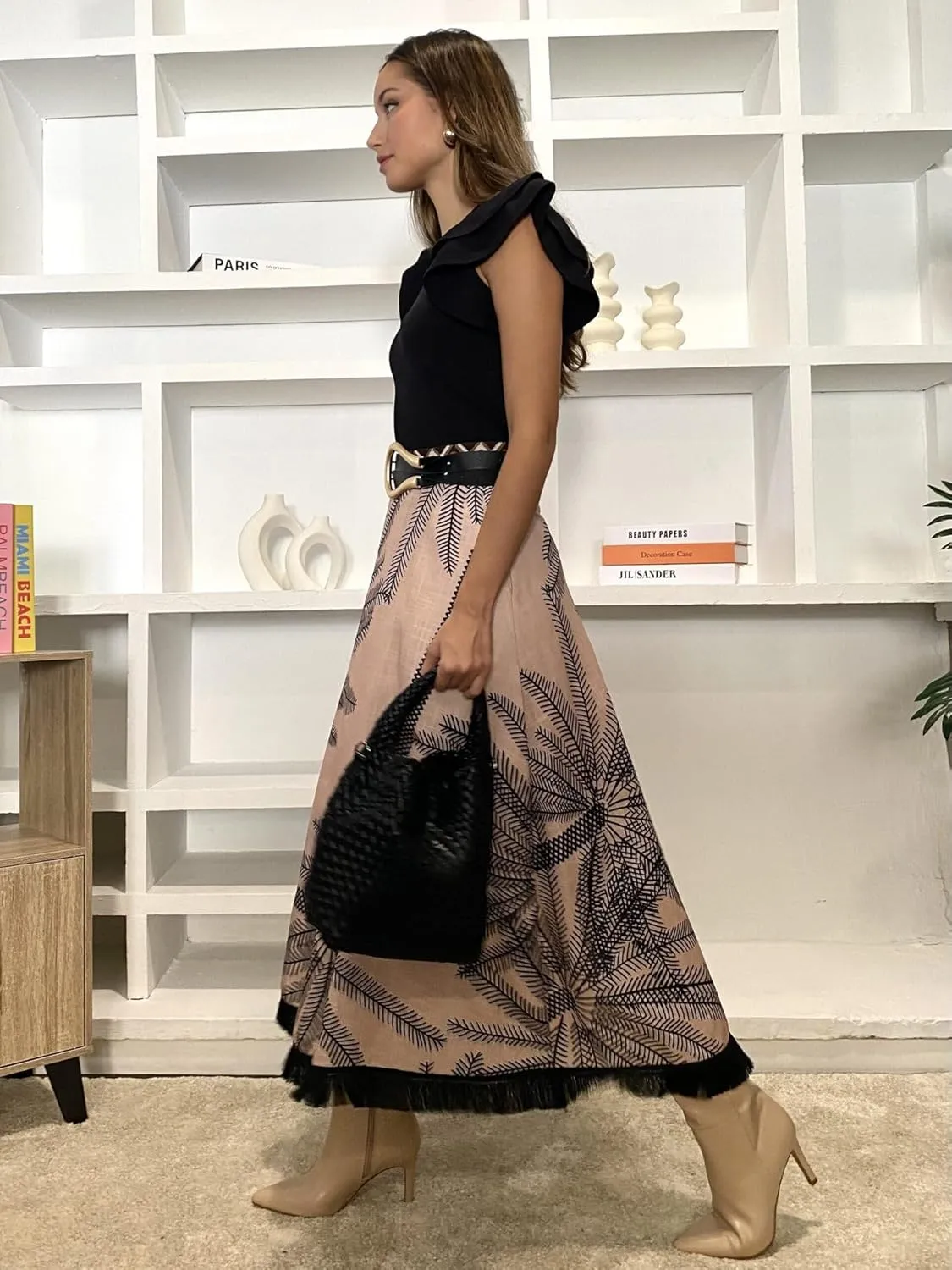 Women Floral Midi Skirt Linen Aline Tassel Long Skirt Flowy Skirt
