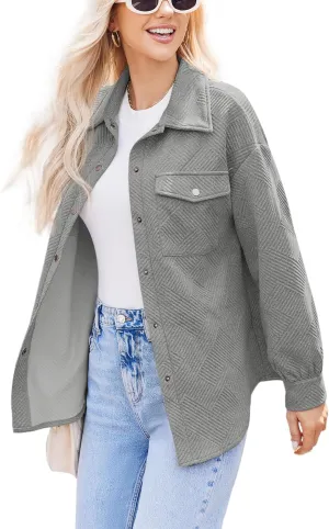 Women Shacket Jacket with Pockets Casual Fall Coat Long Sleeve Shirts Button Down Collared Winnter Clothes
