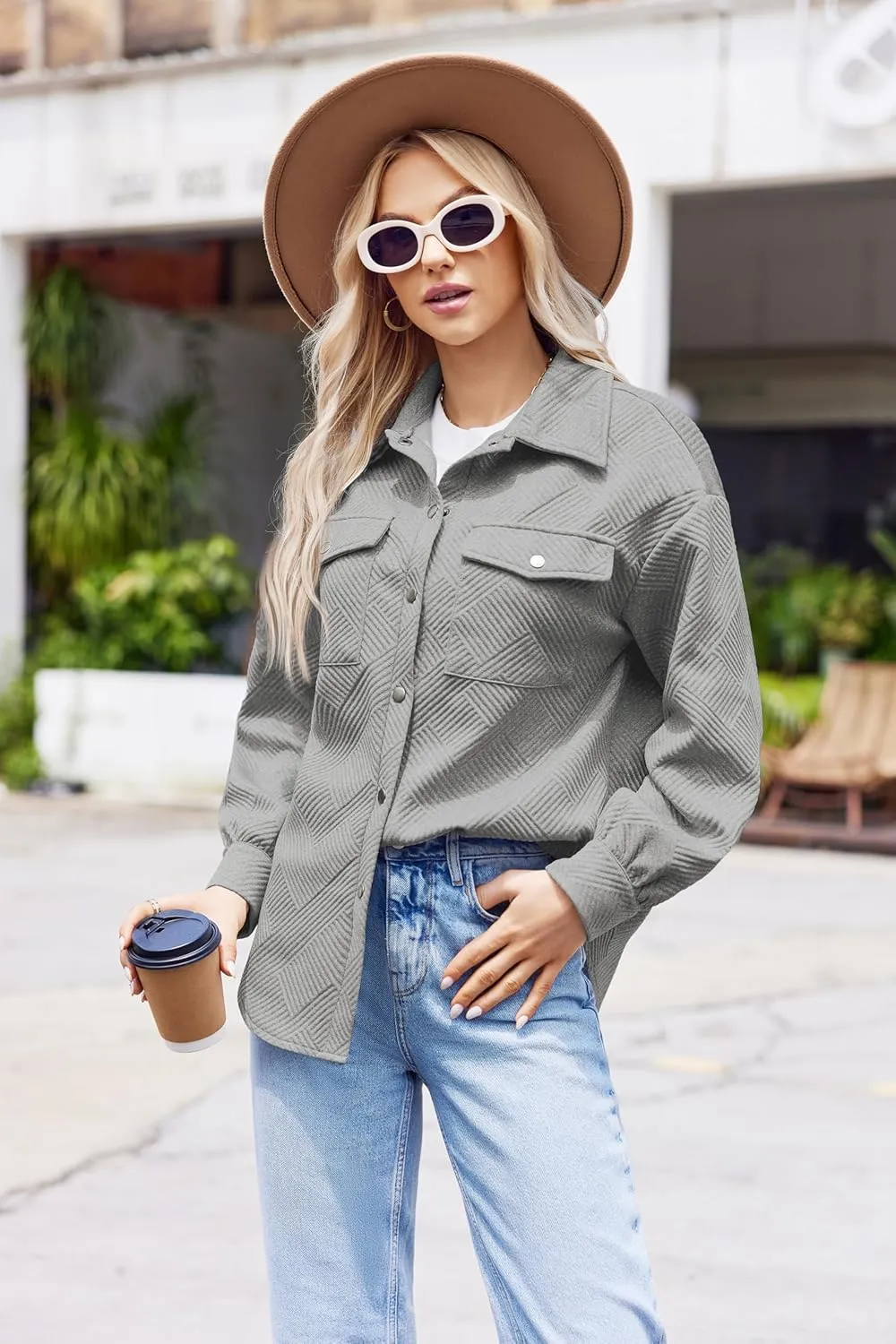 Women Shacket Jacket with Pockets Casual Fall Coat Long Sleeve Shirts Button Down Collared Winnter Clothes