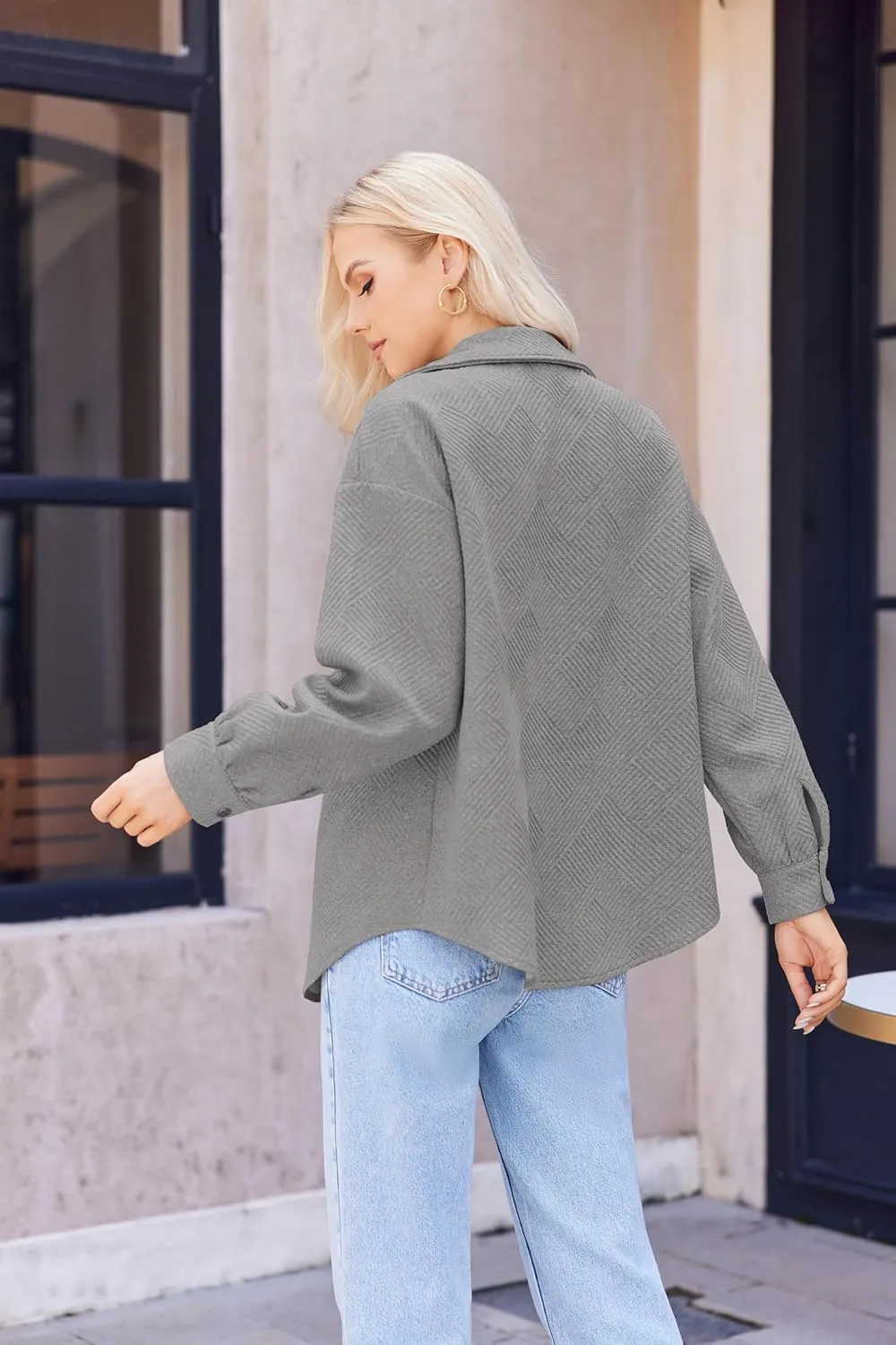 Women Shacket Jacket with Pockets Casual Fall Coat Long Sleeve Shirts Button Down Collared Winnter Clothes