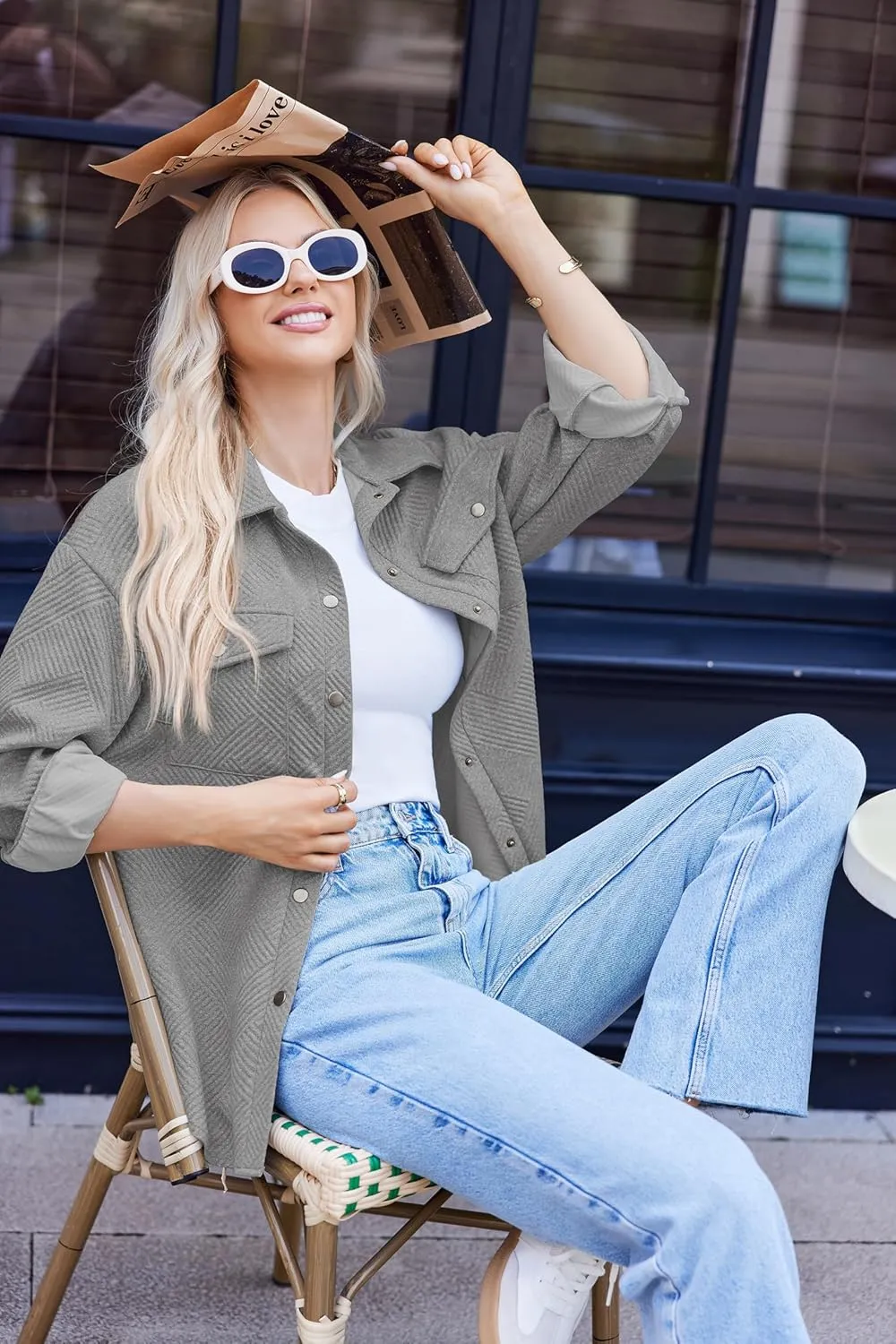 Women Shacket Jacket with Pockets Casual Fall Coat Long Sleeve Shirts Button Down Collared Winnter Clothes