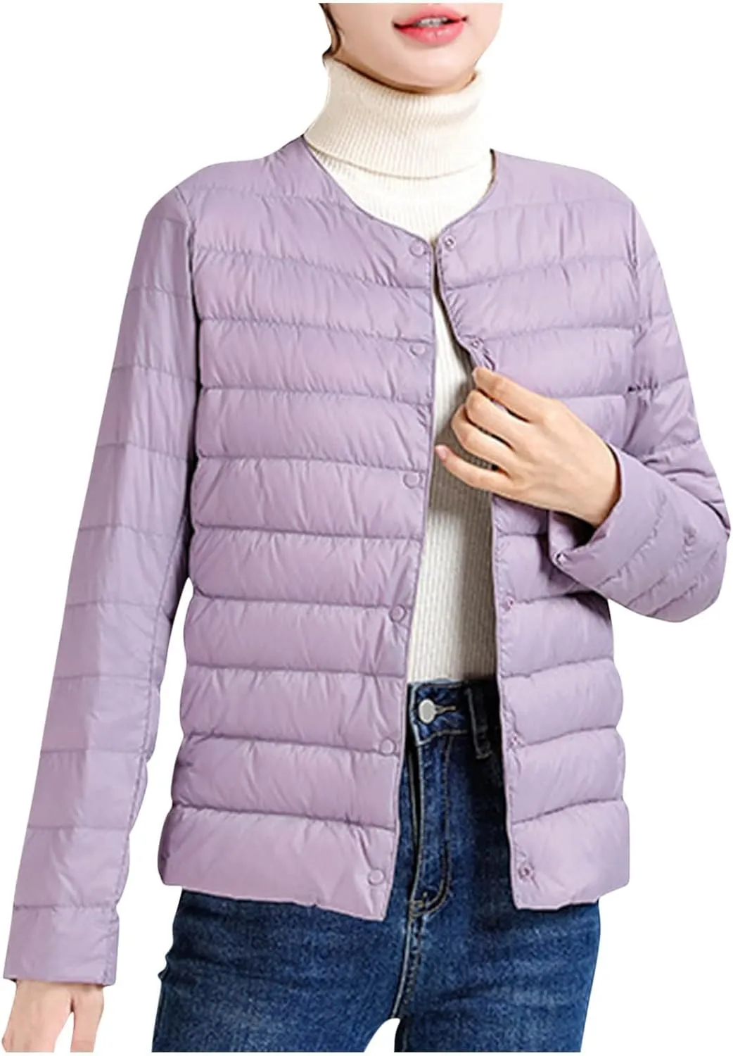Women Ultra Lightweight Down Jacket Packable Collarless Button Down Quilted Short Puffer Parka Coats Outerwear Pocket