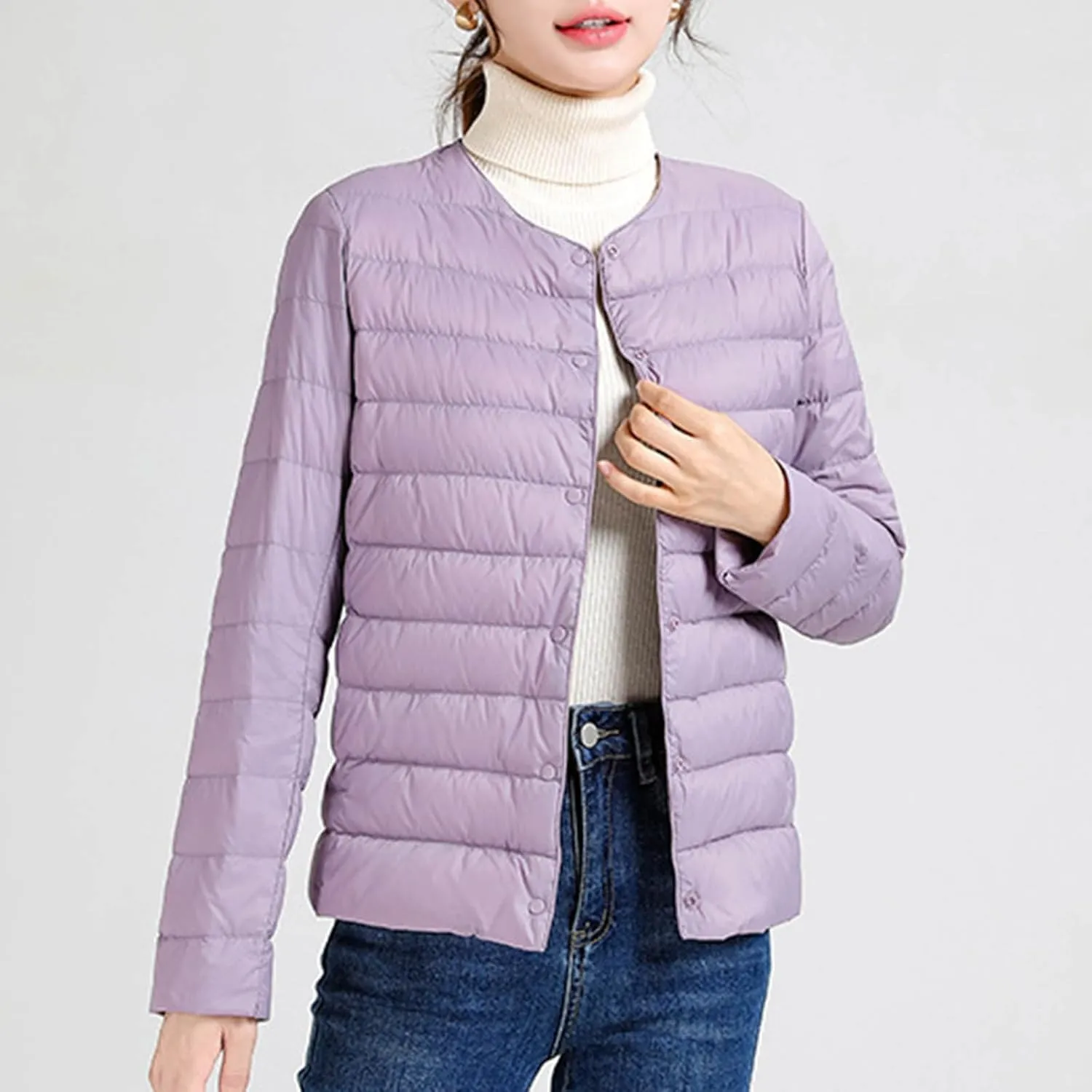 Women Ultra Lightweight Down Jacket Packable Collarless Button Down Quilted Short Puffer Parka Coats Outerwear Pocket