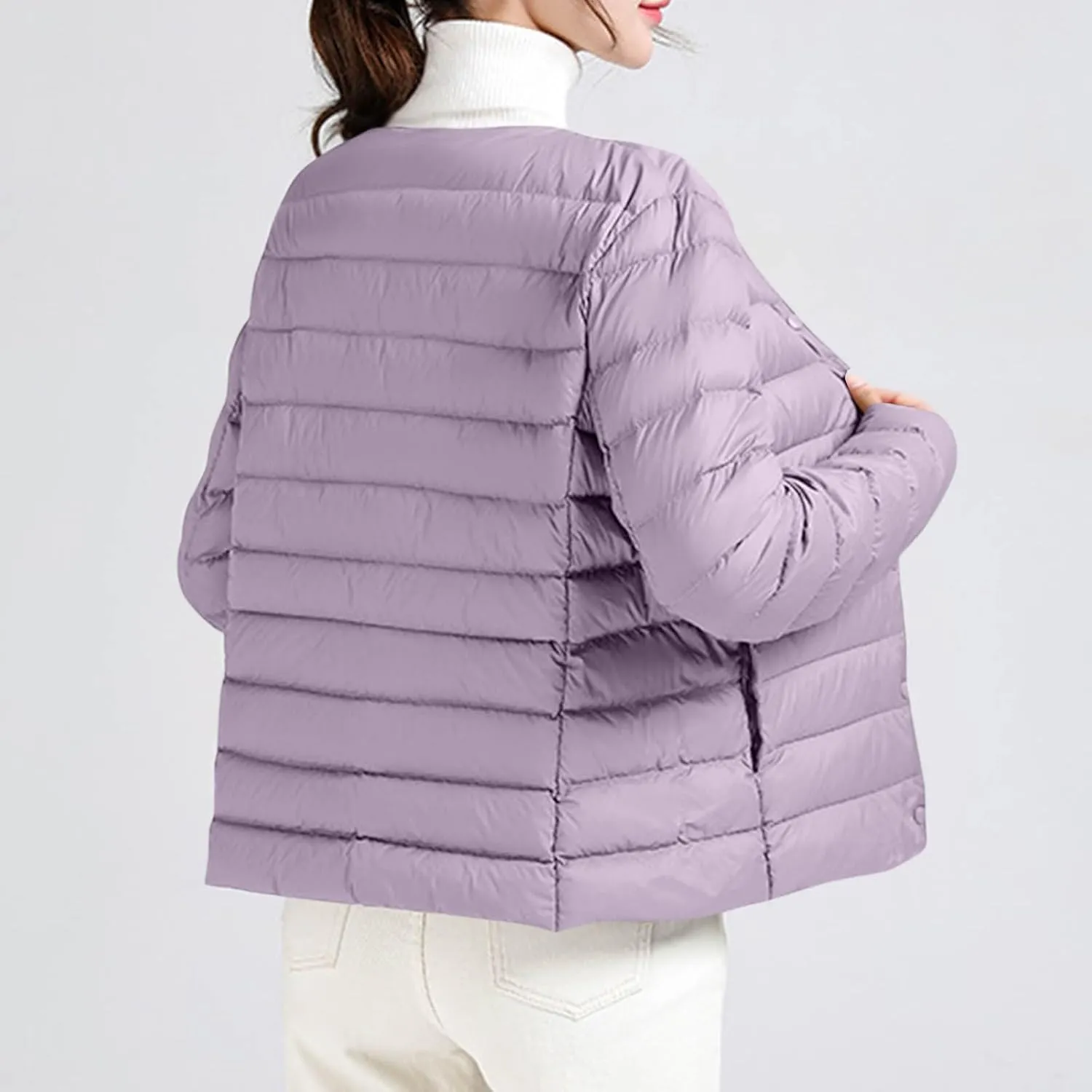 Women Ultra Lightweight Down Jacket Packable Collarless Button Down Quilted Short Puffer Parka Coats Outerwear Pocket
