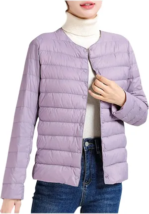 Women Ultra Lightweight Down Jacket Packable Collarless Button Down Quilted Short Puffer Parka Coats Outerwear Pocket
