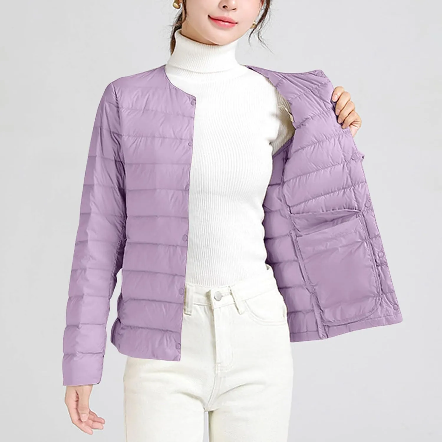 Women Ultra Lightweight Down Jacket Packable Collarless Button Down Quilted Short Puffer Parka Coats Outerwear Pocket