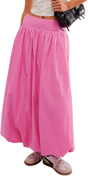 Women Y2k Bubble Maxi Skirt Summer Elastic Low Waist A Line Long Skirt Casual Fairy Ruffle Pleated Midi Dress