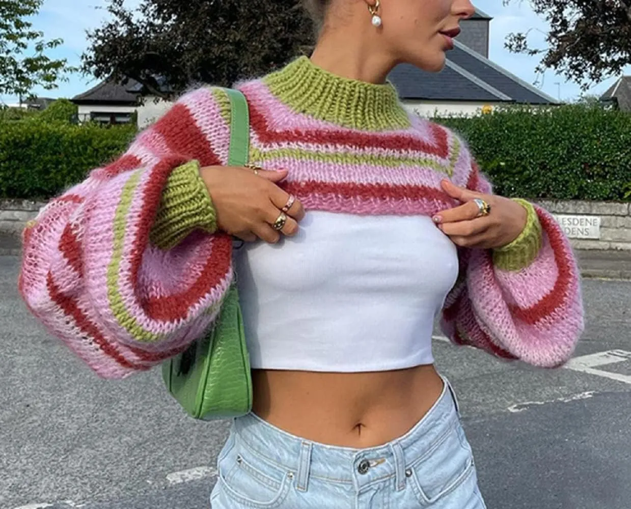 Women Y2K Knitted Crop Tops Color Block Patchwork Sweaters Long Sleeve Crochet Coverup Trendy Autumn Streetwear