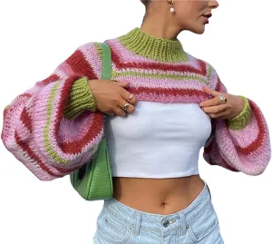 Women Y2K Knitted Crop Tops Color Block Patchwork Sweaters Long Sleeve Crochet Coverup Trendy Autumn Streetwear