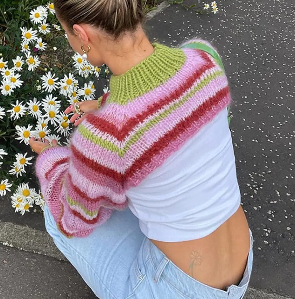 Women Y2K Knitted Crop Tops Color Block Patchwork Sweaters Long Sleeve Crochet Coverup Trendy Autumn Streetwear
