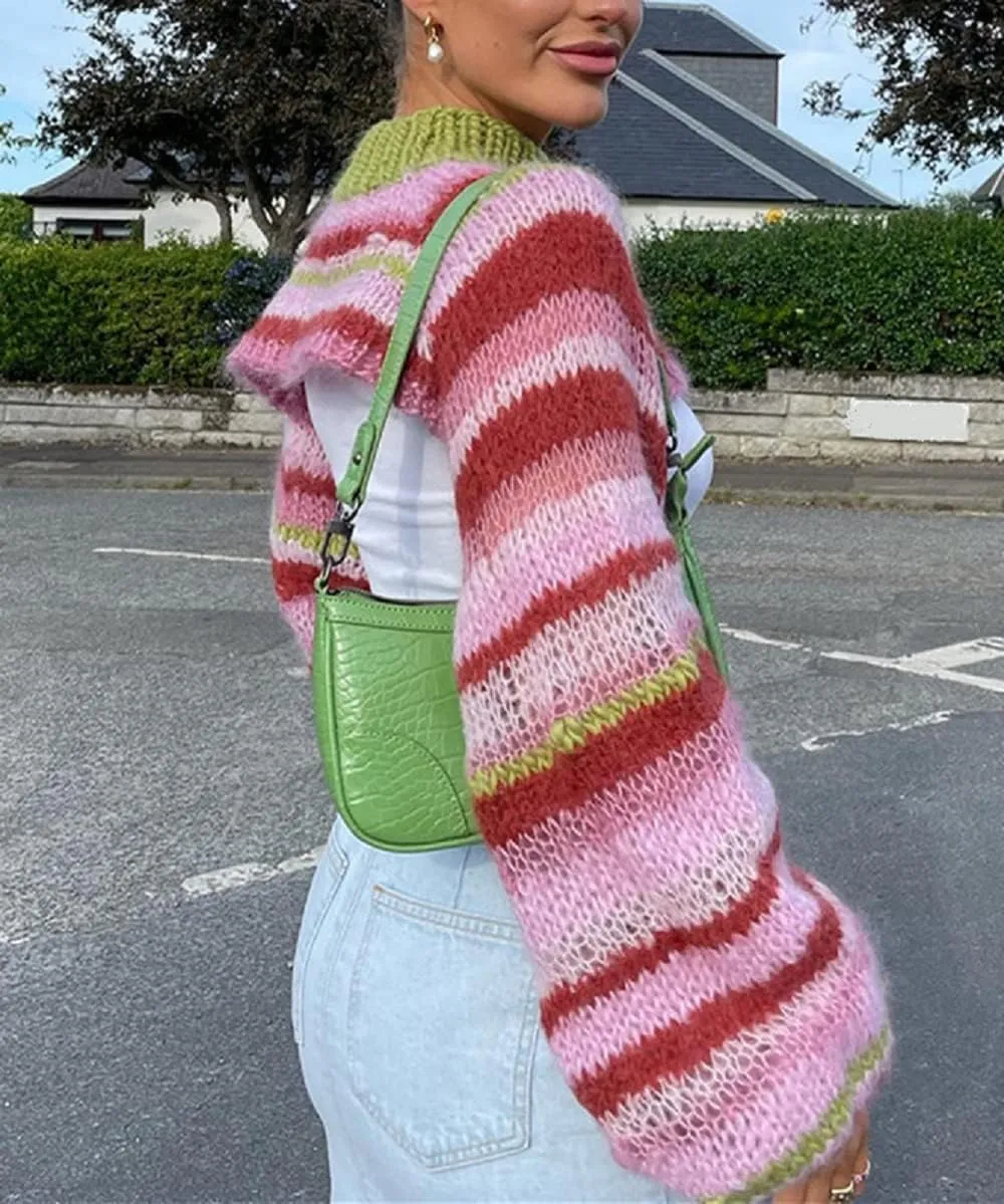 Women Y2K Knitted Crop Tops Color Block Patchwork Sweaters Long Sleeve Crochet Coverup Trendy Autumn Streetwear
