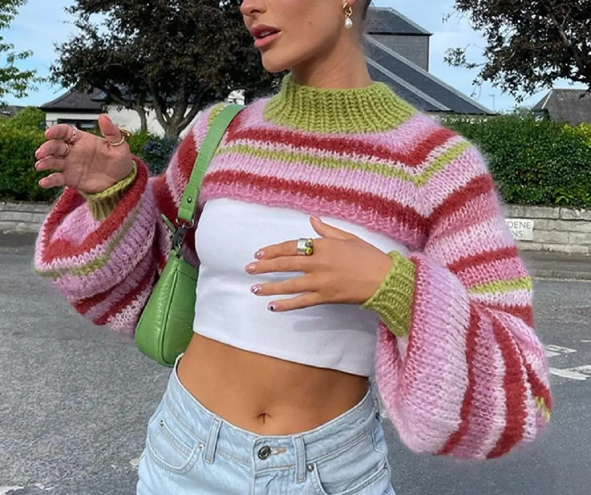 Women Y2K Knitted Crop Tops Color Block Patchwork Sweaters Long Sleeve Crochet Coverup Trendy Autumn Streetwear