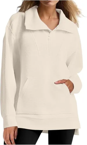 Womens 3/4 Zip Pullover Stand Collar Half Zip Sweatshirt with Pocket Casual Loose Fit Tunic Tops 2025 Spring Outfits