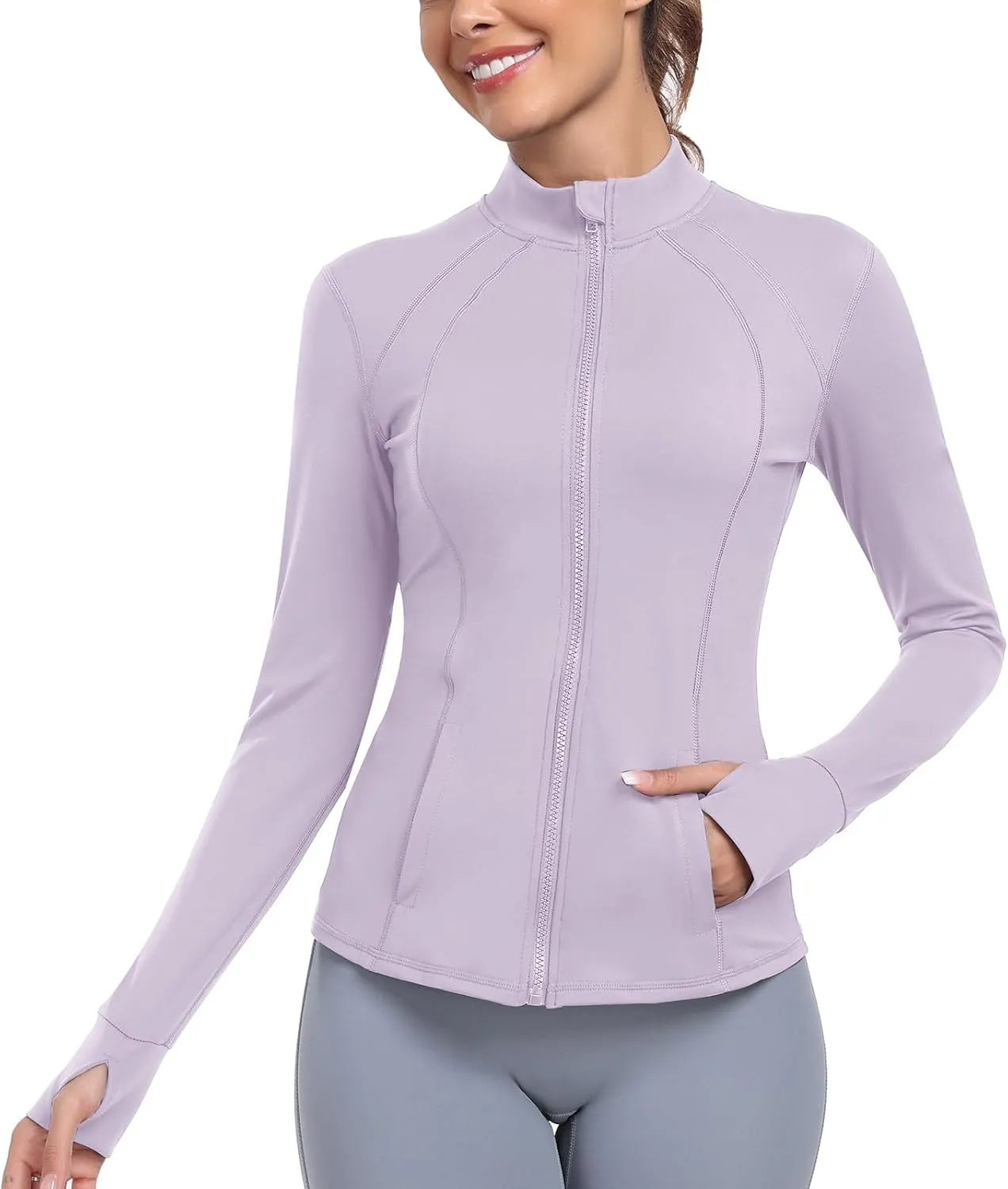Women's Athletic Full Zip Lightweight Workout Jacket With Pockets Running Yoga Sportwear With Thumb Holes