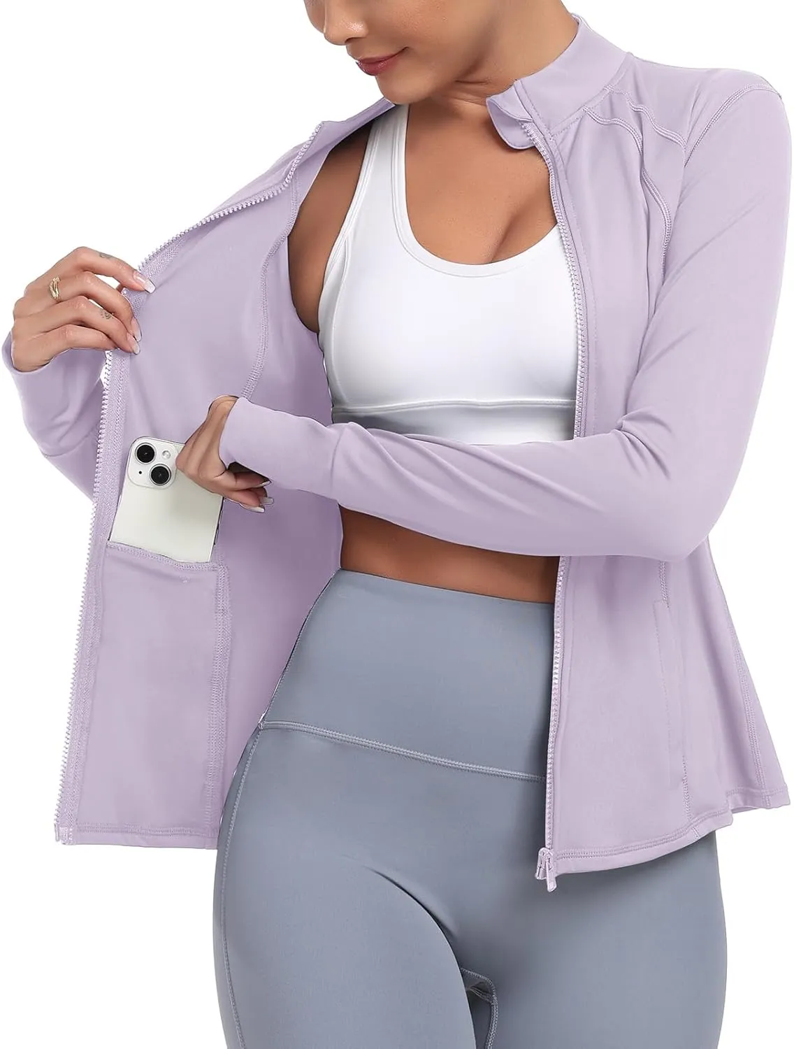 Women's Athletic Full Zip Lightweight Workout Jacket With Pockets Running Yoga Sportwear With Thumb Holes