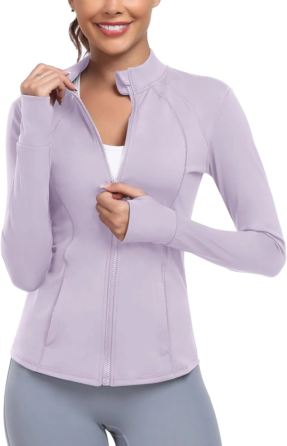 Women's Athletic Full Zip Lightweight Workout Jacket With Pockets Running Yoga Sportwear With Thumb Holes