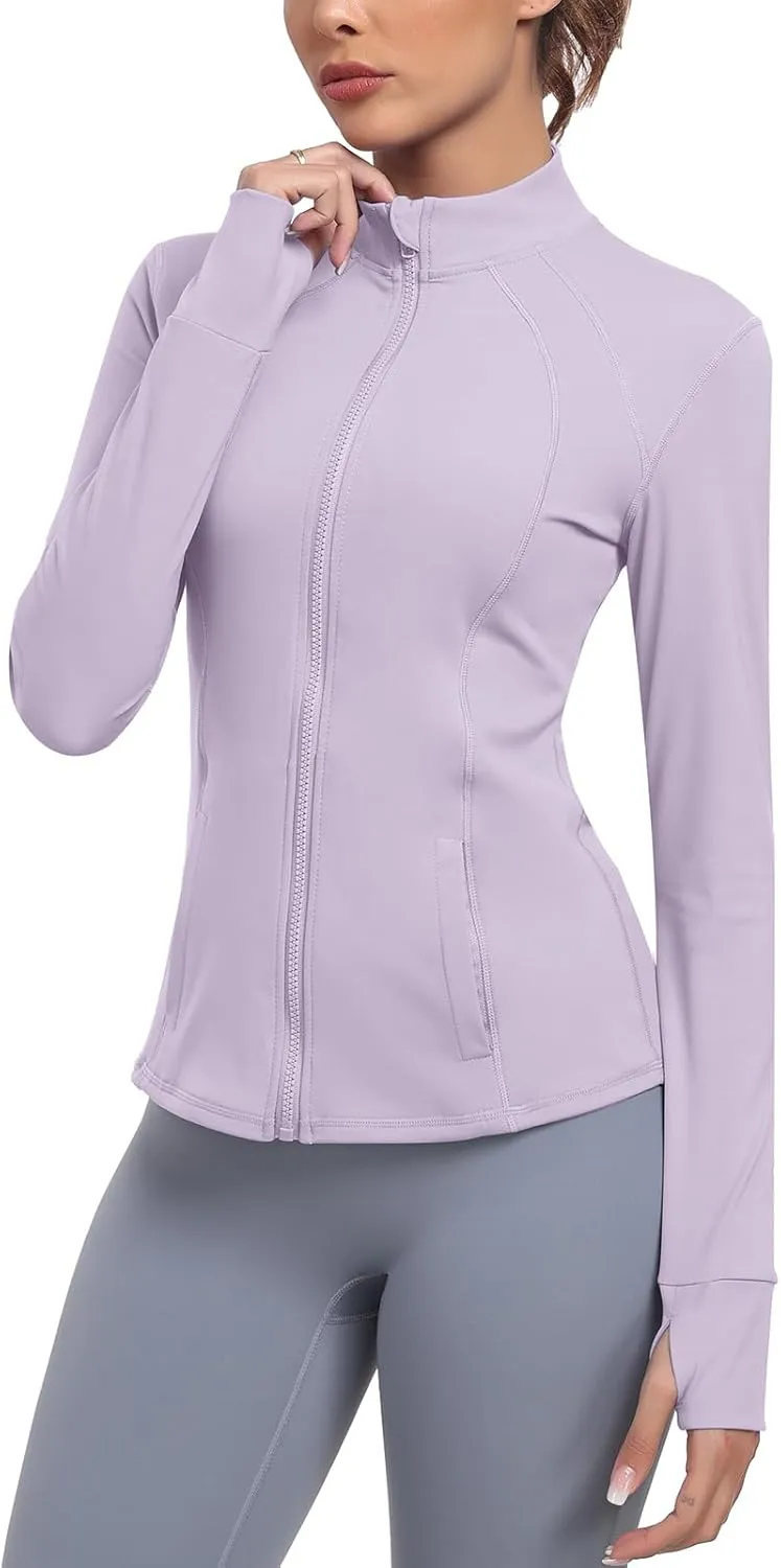 Women's Athletic Full Zip Lightweight Workout Jacket With Pockets Running Yoga Sportwear With Thumb Holes