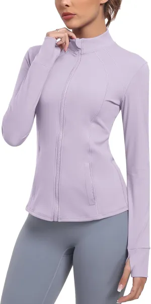 Women's Athletic Full Zip Lightweight Workout Jacket With Pockets Running Yoga Sportwear With Thumb Holes