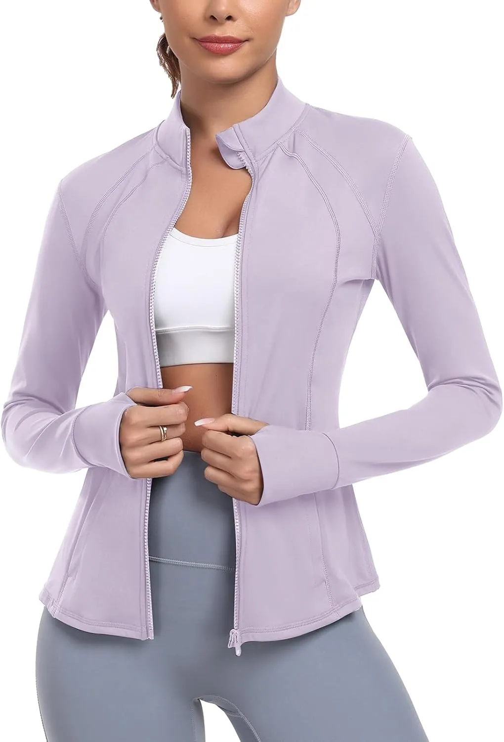 Women's Athletic Full Zip Lightweight Workout Jacket With Pockets Running Yoga Sportwear With Thumb Holes
