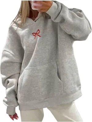 Womens Bow Hoodies Oversized Sweatshirts Fleece Long Sleeve Comfy Casual Lightweight Tunic Basic Pullover Tops with Pockets