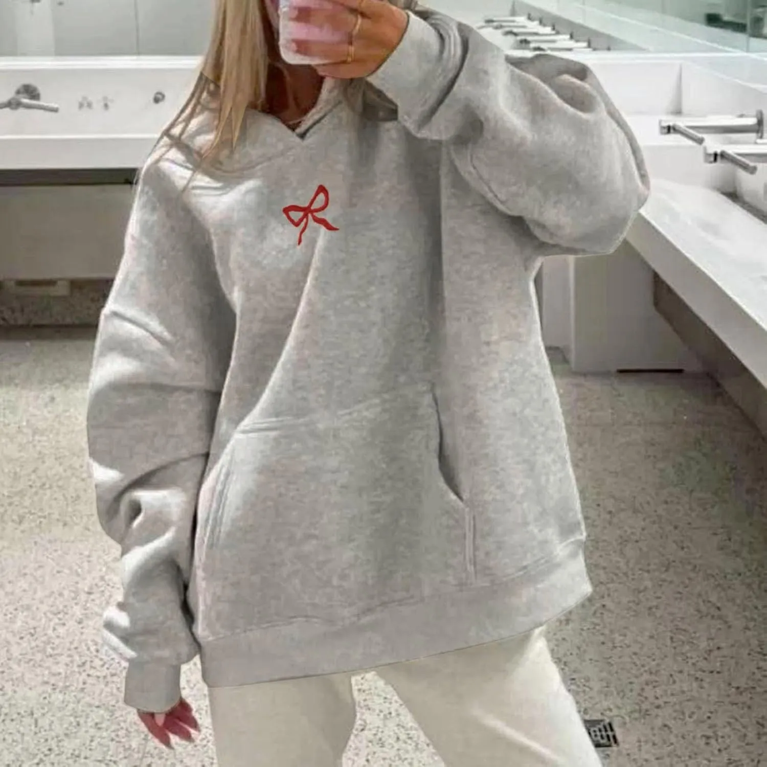 Womens Bow Hoodies Oversized Sweatshirts Fleece Long Sleeve Comfy Casual Lightweight Tunic Basic Pullover Tops with Pockets