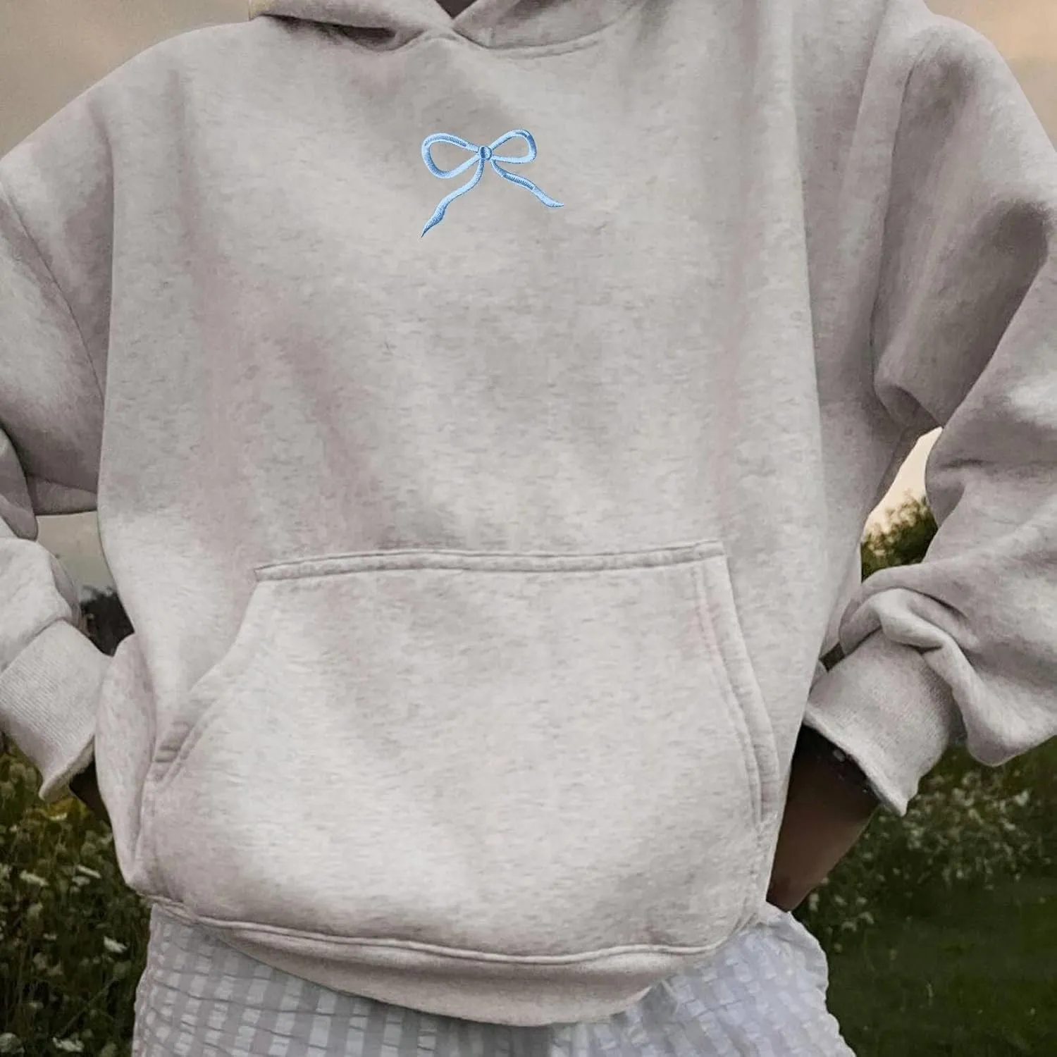 Womens Bow Hoodies Oversized Sweatshirts Fleece Long Sleeve Comfy Casual Lightweight Tunic Basic Pullover Tops with Pockets