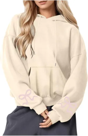 Women's Bow Print Hoodies Oversized Long Sleeve Hooded Sweatshirts Graphic Drop Shoulder Pullover Tops Y2K Clothing