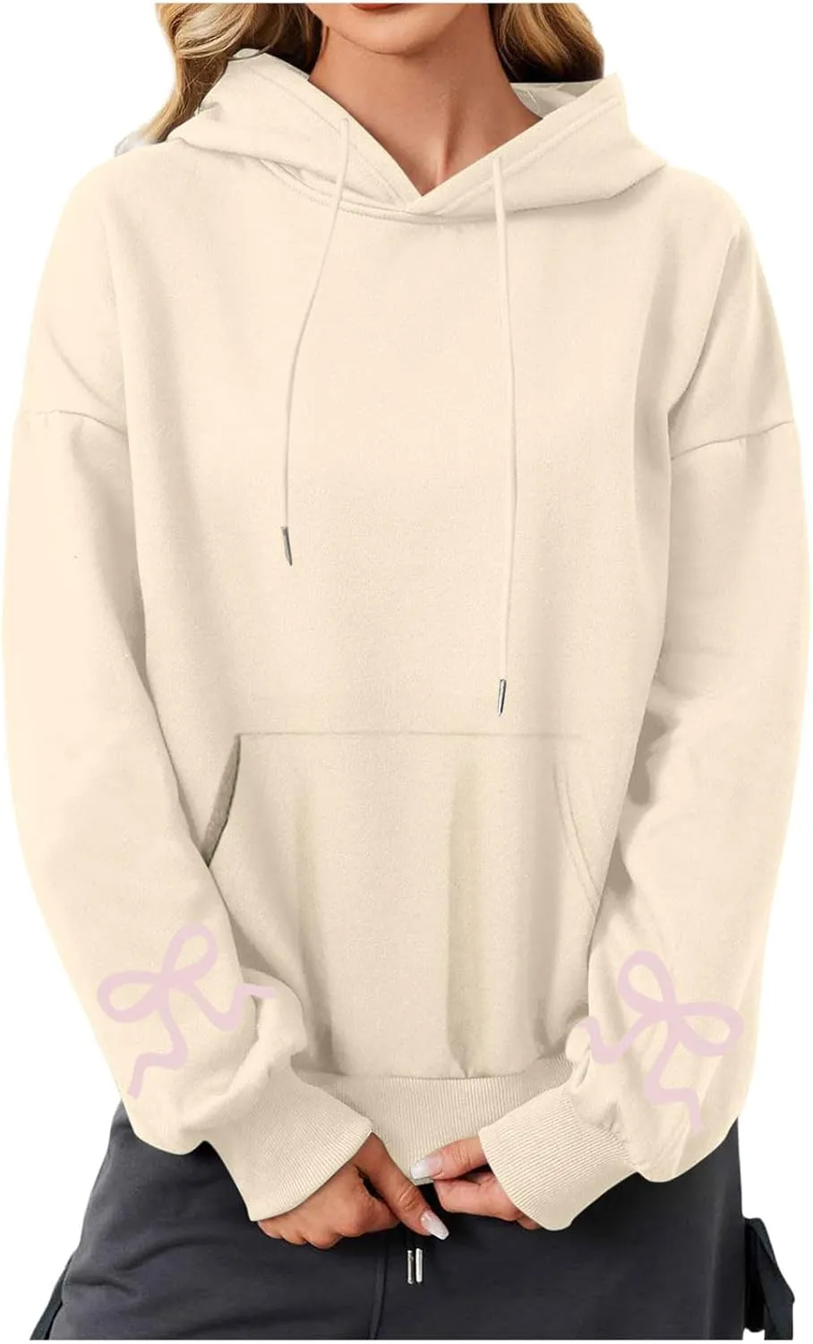 Women's Bow Print Hoodies Oversized Long Sleeve Hooded Sweatshirts Graphic Drop Shoulder Pullover Tops Y2K Clothing