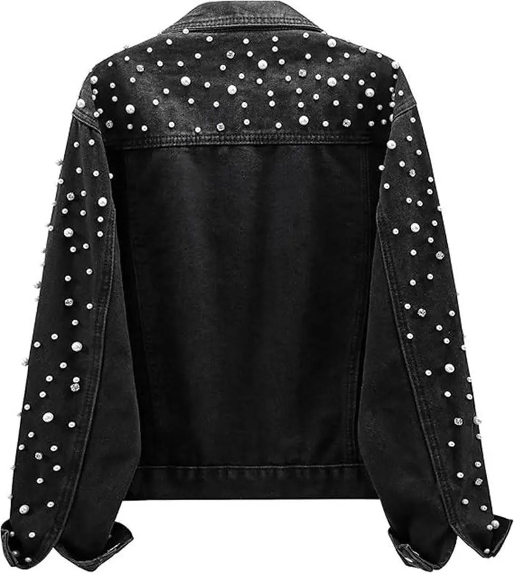 Womens Denim Jacket Rhinestone Pearl Relaxed Fit Cropped Button Down Jean Jacket