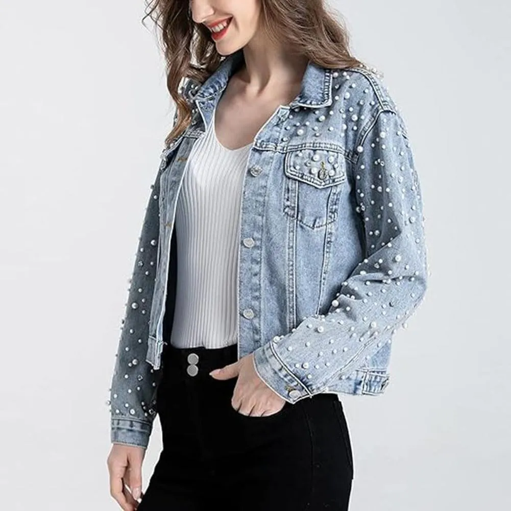 Womens Denim Jacket Rhinestone Pearl Relaxed Fit Cropped Button Down Jean Jacket