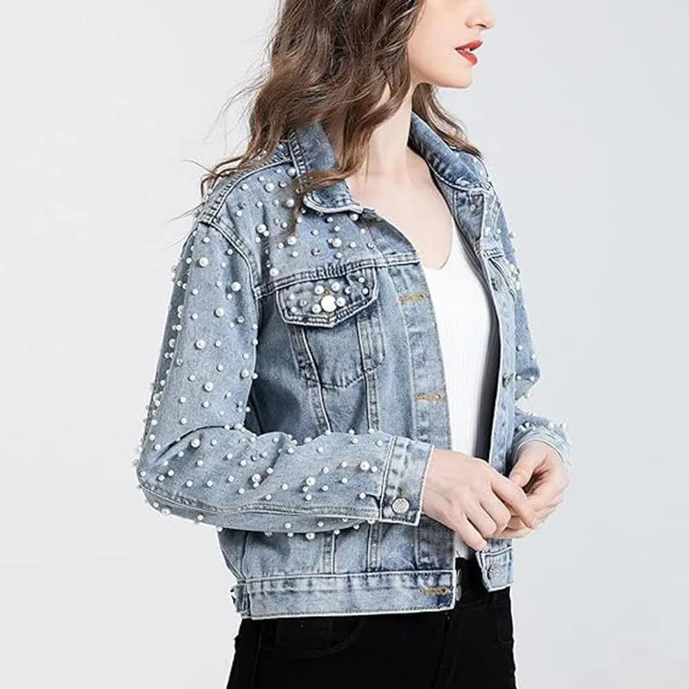 Womens Denim Jacket Rhinestone Pearl Relaxed Fit Cropped Button Down Jean Jacket