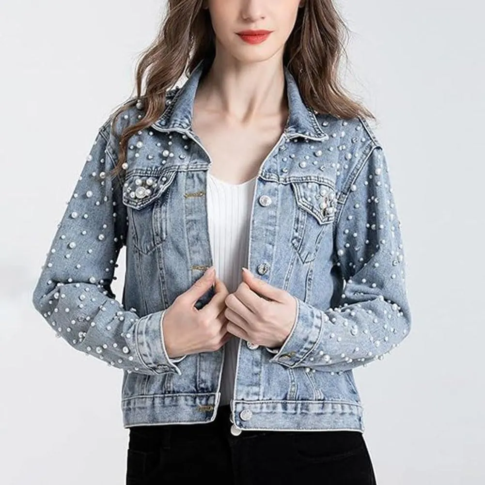 Womens Denim Jacket Rhinestone Pearl Relaxed Fit Cropped Button Down Jean Jacket