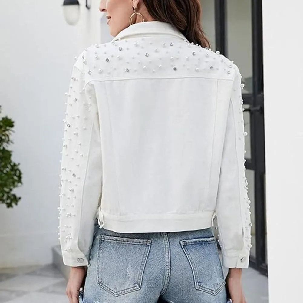 Womens Denim Jacket Rhinestone Pearl Relaxed Fit Cropped Button Down Jean Jacket