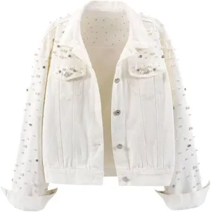 Womens Denim Jacket Rhinestone Pearl Relaxed Fit Cropped Button Down Jean Jacket