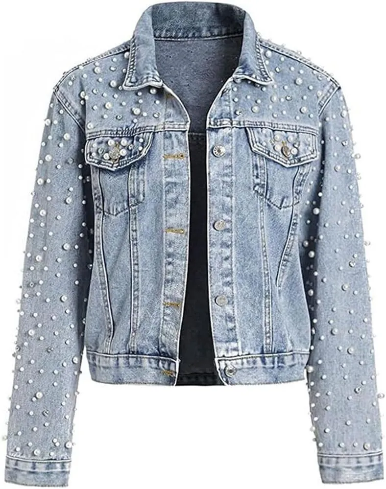 Womens Denim Jacket Rhinestone Pearl Relaxed Fit Cropped Button Down Jean Jacket