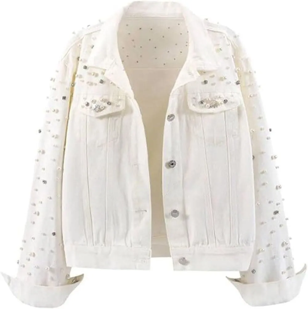Womens Denim Jacket Rhinestone Pearl Relaxed Fit Cropped Button Down Jean Jacket