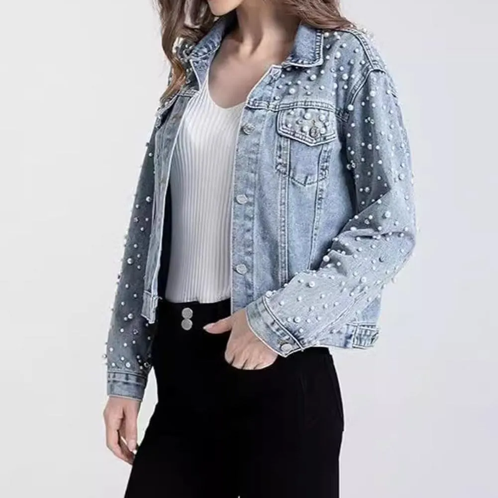 Womens Denim Jacket Rhinestone Pearl Relaxed Fit Cropped Button Down Jean Jacket
