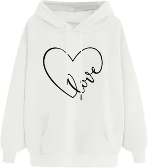 Women's Fashion Hoodies & Sweatshirts Long Sleeve Heart Graphic Tee Shirts Causal Drawstring Hoodies Vacation Outfits