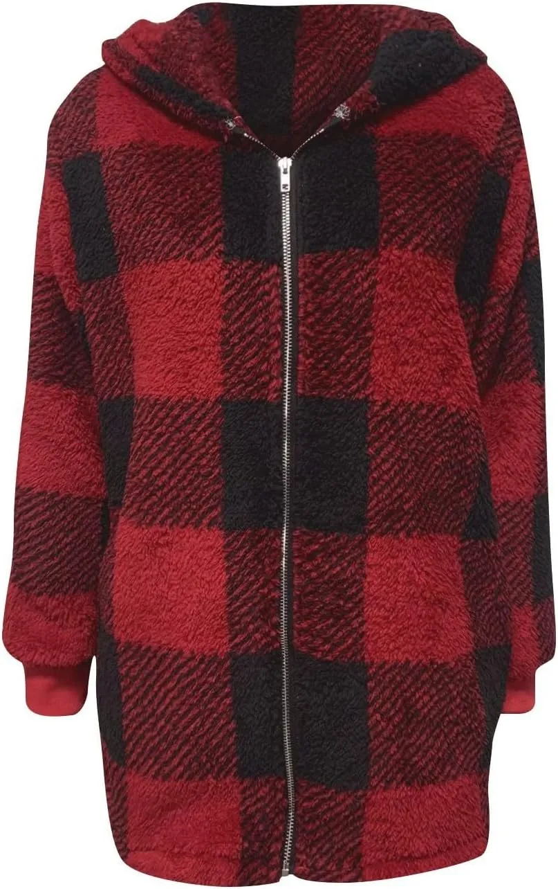 Womens Full Zip Cardigan Sherpa Jacket Plus Size Plaid Fleece Winter Coat Oversized Fuzzy Hooded Outwear with Pockets